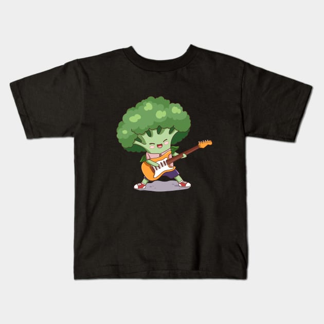 Broccoli play guitar Kids T-Shirt by Little Forest Art